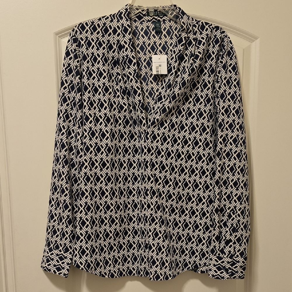 Ralph Lauren Blue and White Long Sleeve Blouse with Mandarin Collar